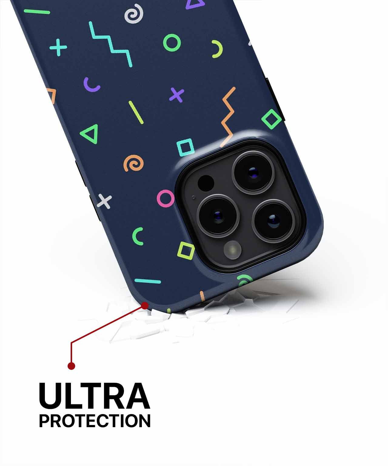 Navy blue phone case with colorful geometric shapes and triple camera cutout. - Cazify Canada