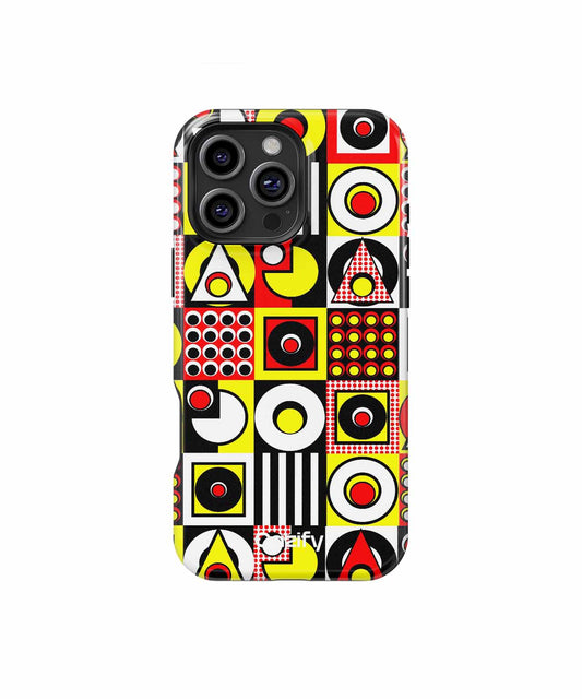 Colorful geometric pattern phone case with red, yellow, black, and white shapes on iPhone. - Cazify Canada