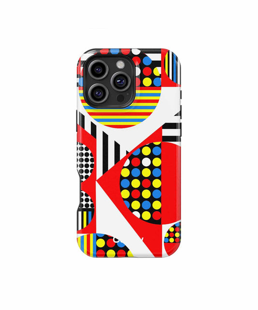 IPhone case with colorful geometric patterns including circles, stripes, and triangles in red, yellow, blue, and black. - Cazify Canada