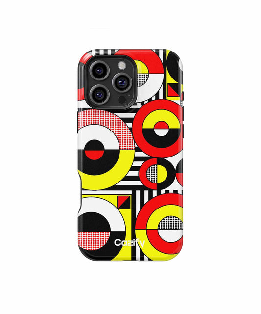 Phone case with bold geometric pattern in red, yellow, black, and white colors. - Cazify Canada