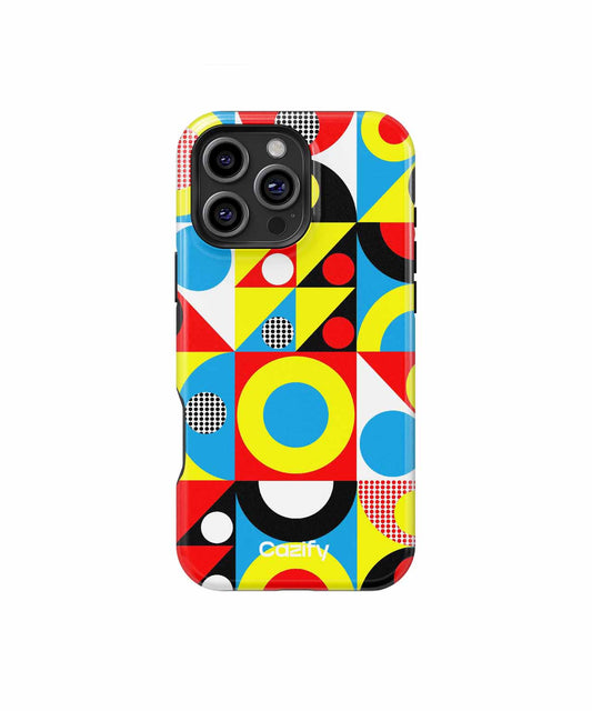 Colorful geometric pattern phone case with circles, triangles, and squares on black background. - Cazify Canada