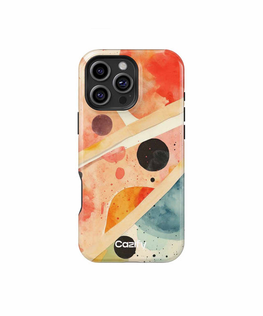 Colorful abstract geometric pattern phone case with shades of orange, red, beige, and blue, triple camera cutout. - Cazify Canada