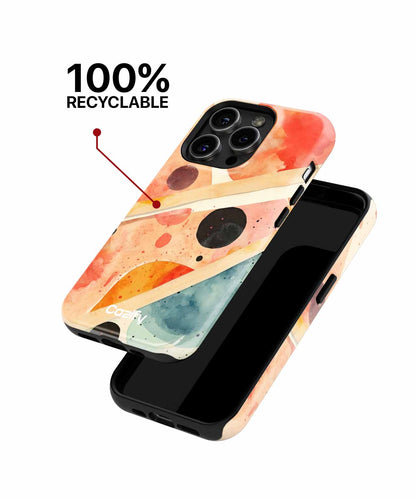 Abstract sunset design phone case with pastel orange, red, and blue tones, cutouts for triple cameras. - Cazify Canada