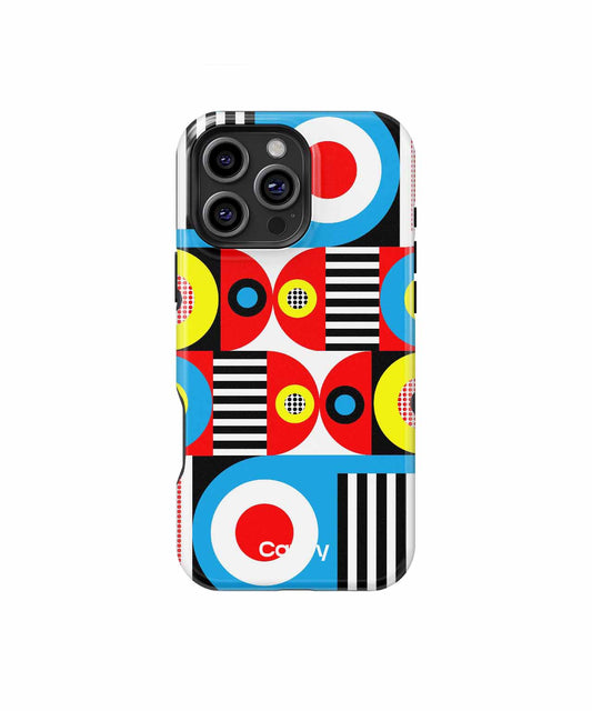 Colorful geometric pattern iPhone case with circles, squares, and stripes in red, blue, yellow, black, and white. - Cazify Canada