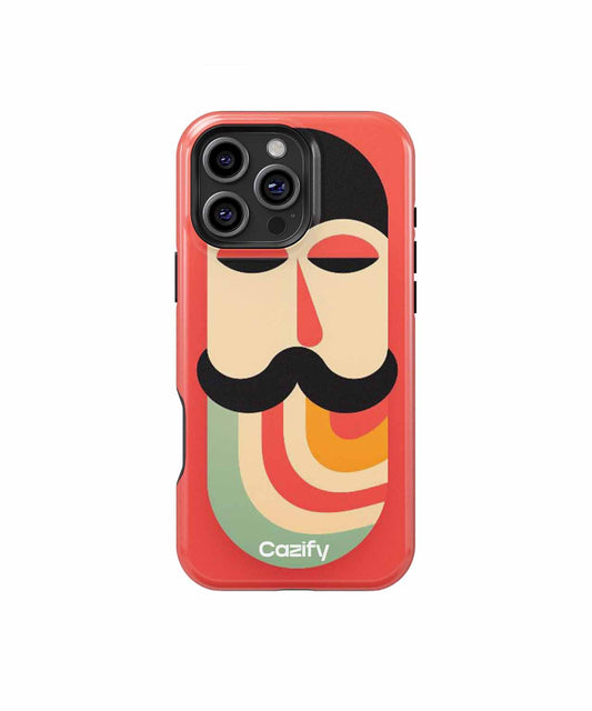 Red phone case with retro mustache face and bold colorful stripes design. - Cazify Canada