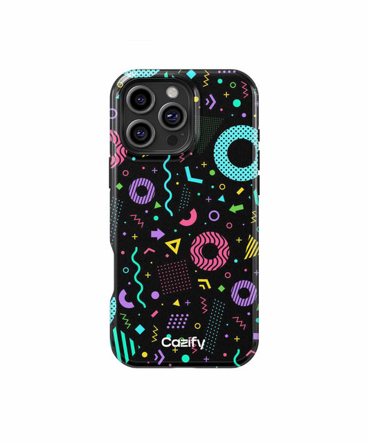 Black phone case with colorful retro geometric shapes and patterns, triple camera cutout, Caelfy logo at bottom. - Cazify Canada