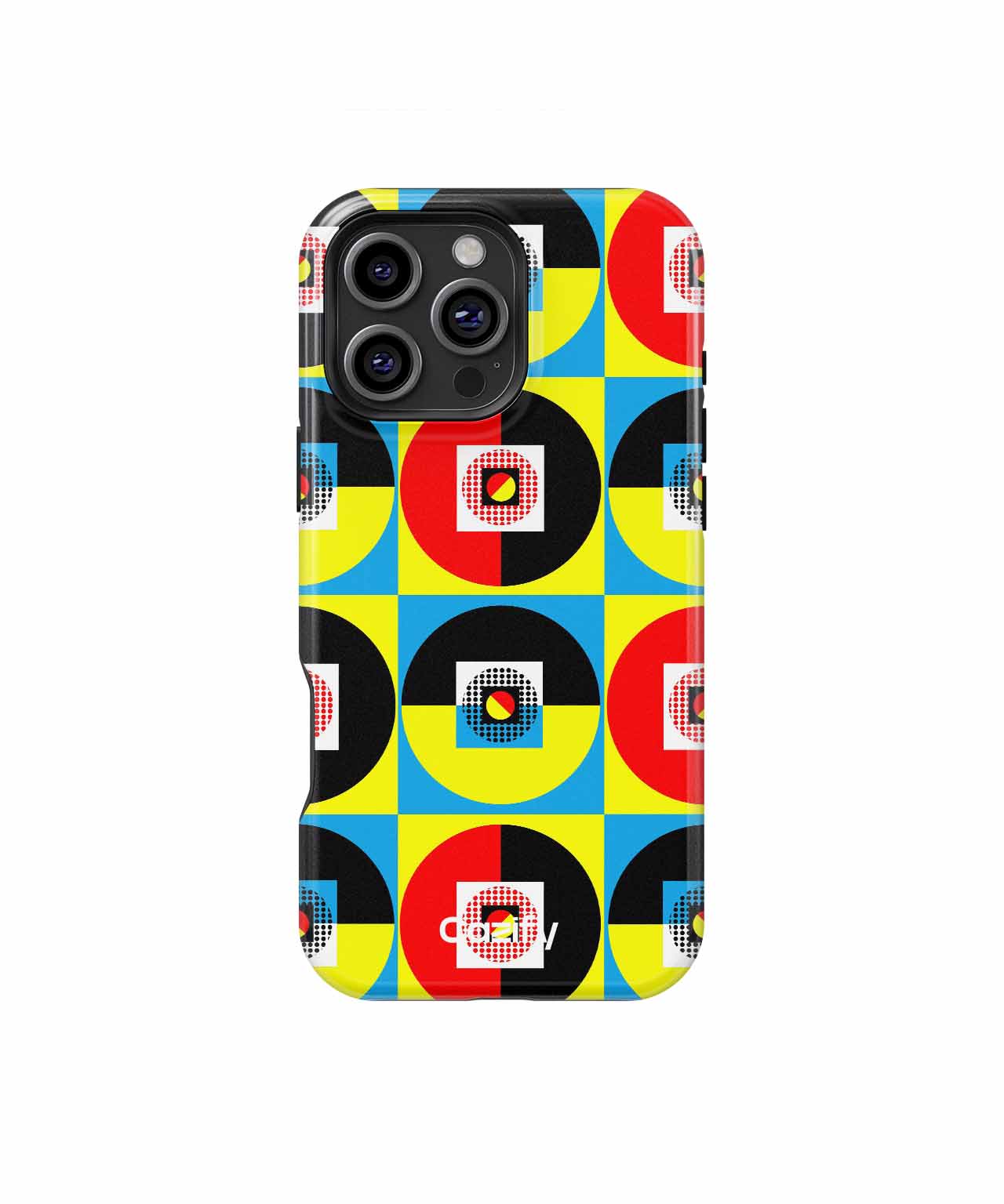 Colorful geometric pattern phone case with red, yellow, blue, black, and white squares and circles. - Cazify Canada
