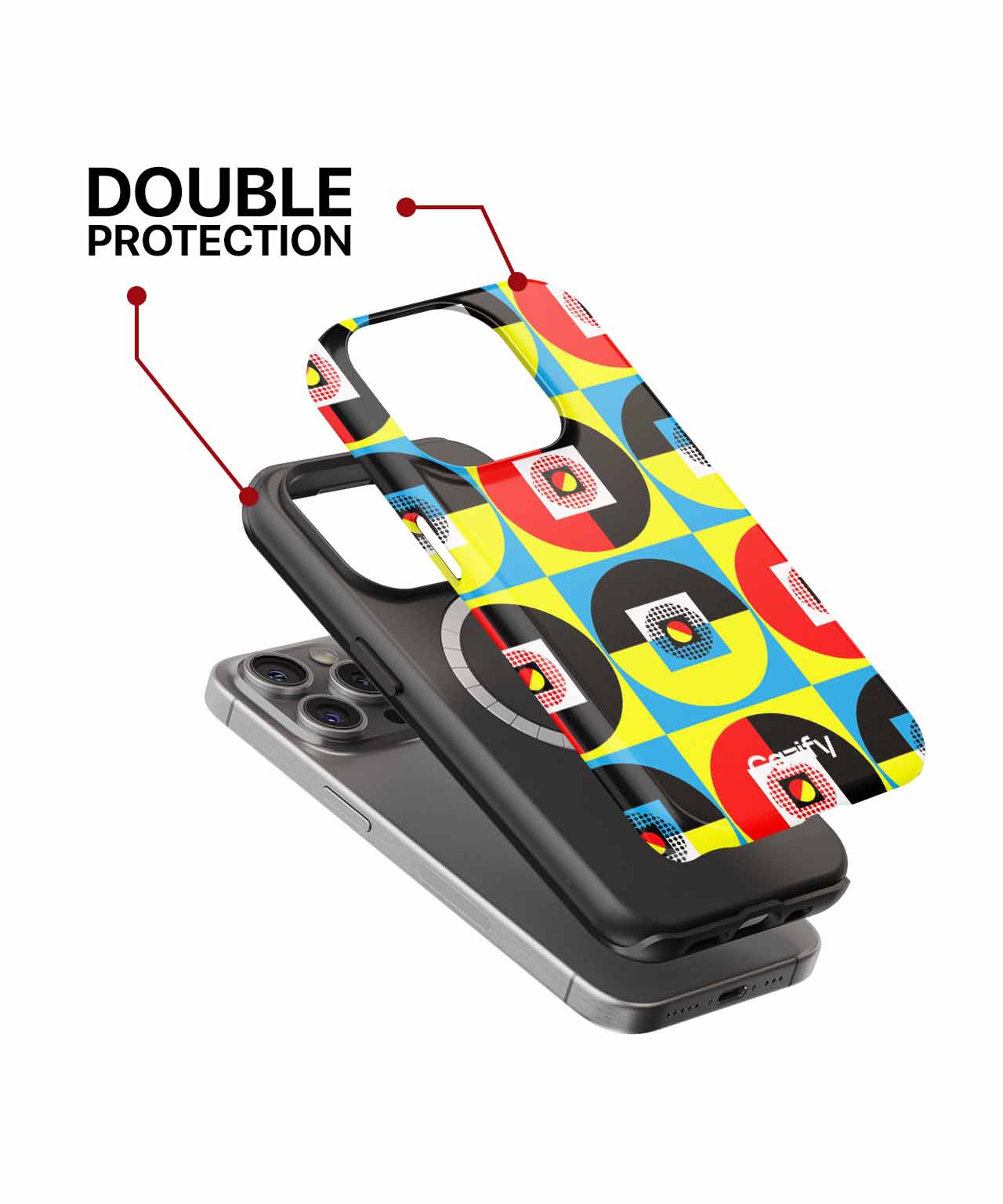 Colorful patterned phone case with black inner layer, shown detached from a silver-gray smartphone with triple camera lenses. - Cazify Canada