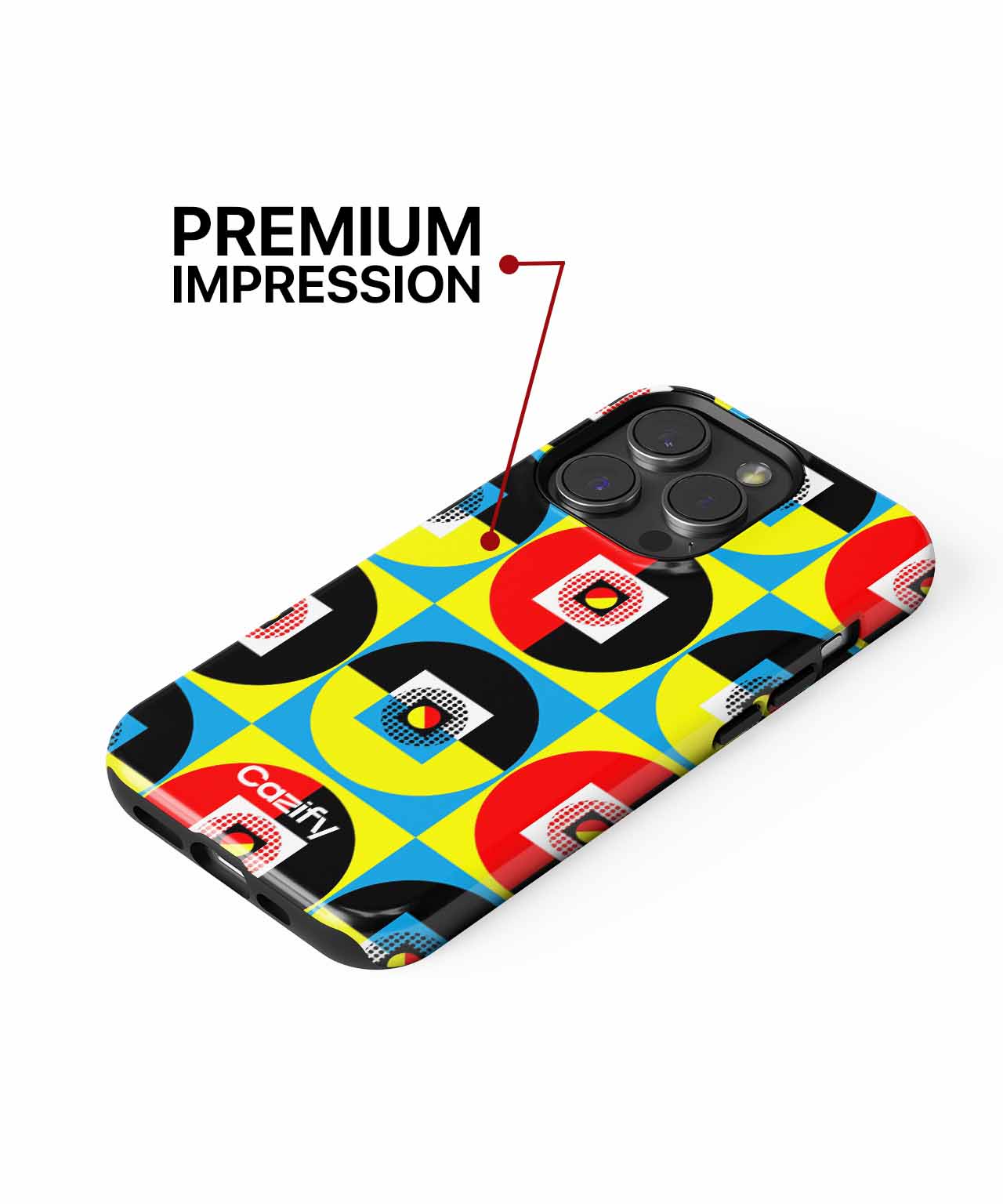 Colorful geometric pattern iPhone case with bold red, blue, yellow, black, and white shapes. - Cazify Canada