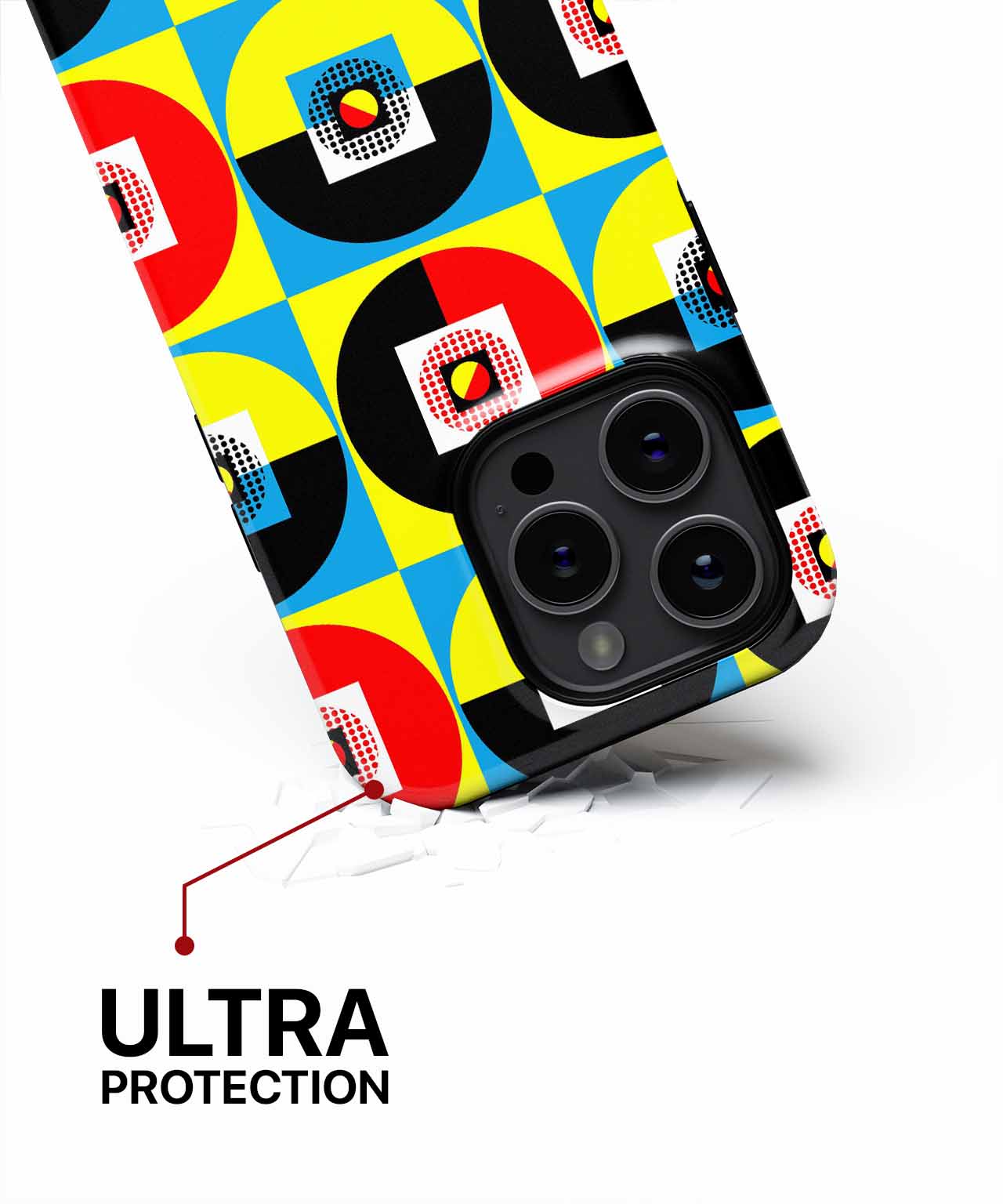 Colorful geometric phone case with red, yellow, blue, black, and white pattern featuring camera cutout for triple lenses. - Cazify Canada