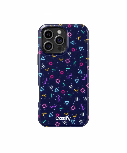 Navy blue phone case with colorful geometric shapes and triple camera cutout. - Cazify Canada
