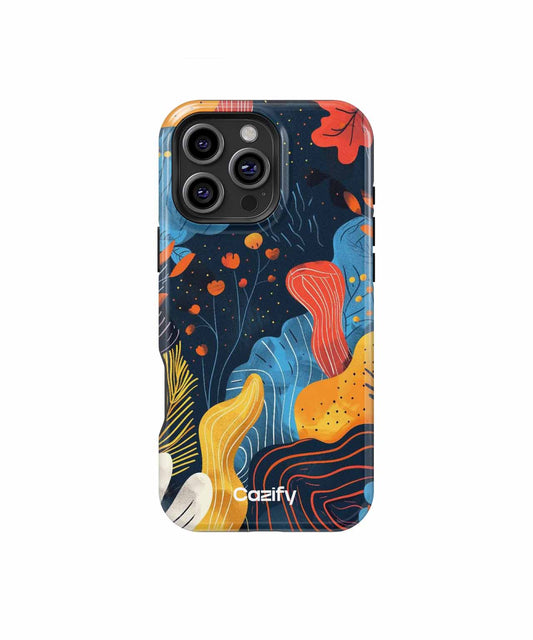 Dark blue phone case with colorful abstract floral design and white Saalify logo. - Cazify Canada