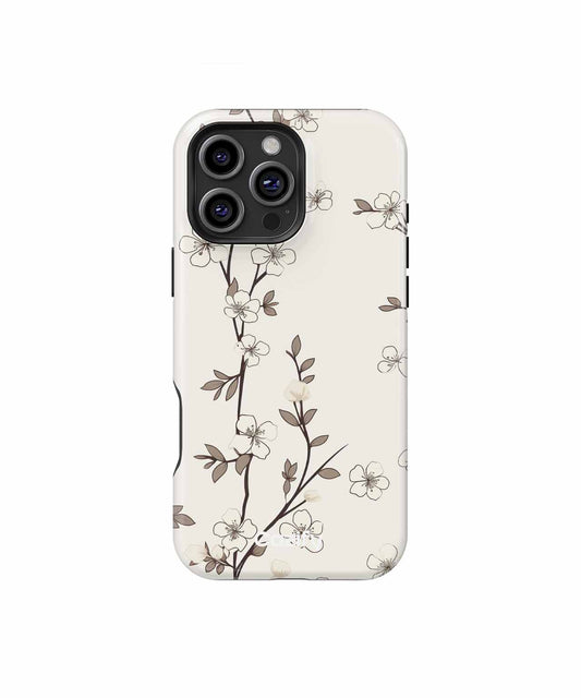 White phone case with delicate black and gray floral branch design. - Cazify Canada