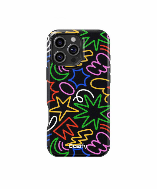 Black phone case with colorful neon abstract shapes and "Casetify" logo at bottom. - Cazify Canada