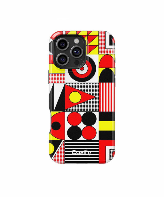 Red, black, and yellow geometric patterned phone case with triple camera cutout. - Cazify Canada