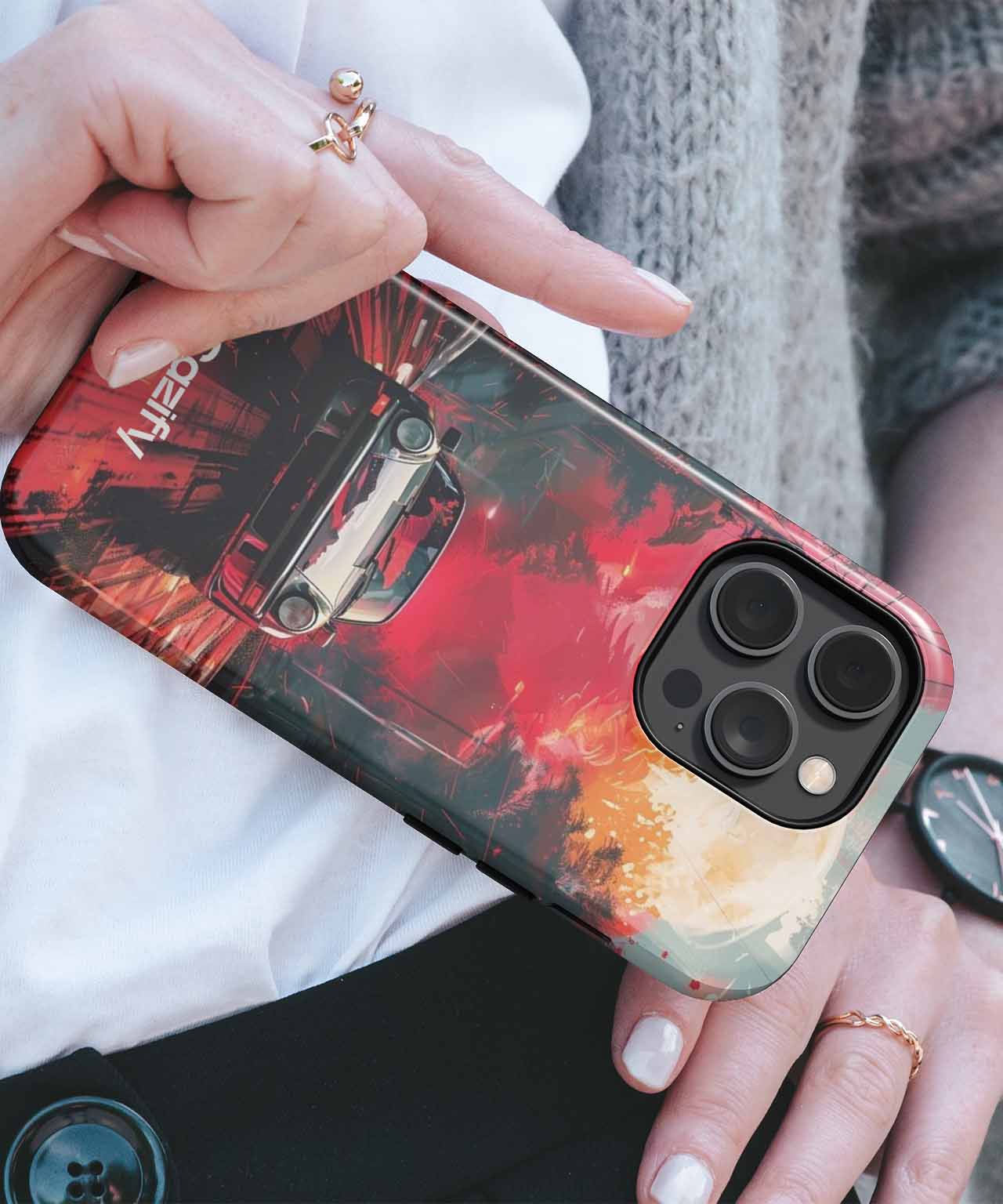Fiery Racer in an Explosive City iPhone case Case Cazify - Delivery Canada