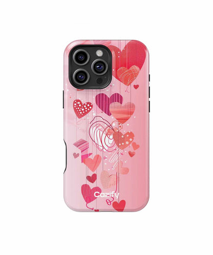 Pink phone case with layered hearts and abstract floral design. - Cazify Canada