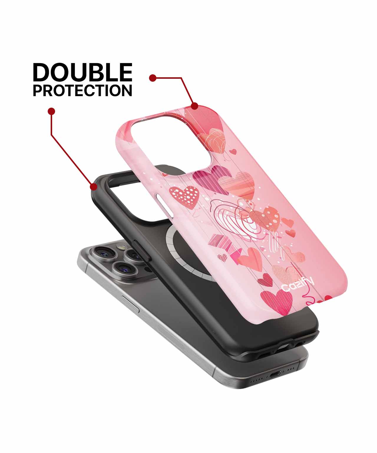 Pink heart-patterned phone case with black inner layer showing double protection over a silver smartphone. - Cazify Canada
