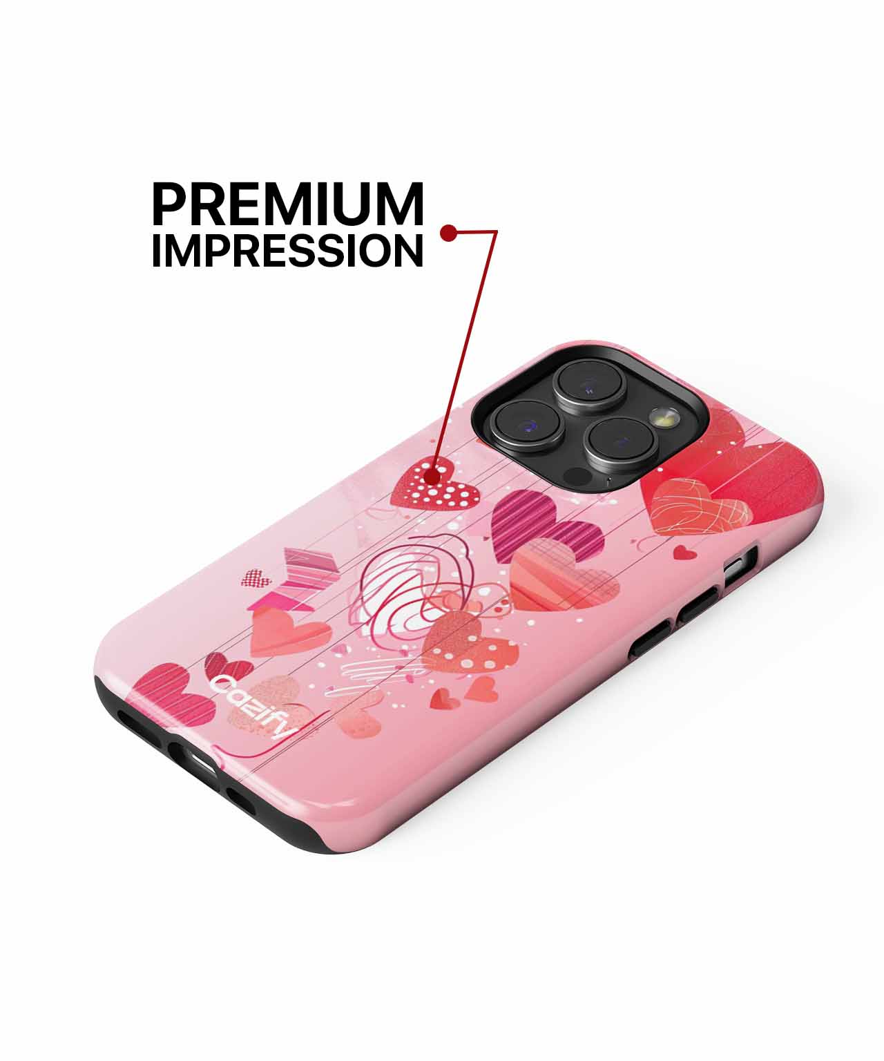 Pink iPhone case with glossy finish and heart and swirl graphic design. - Cazify Canada