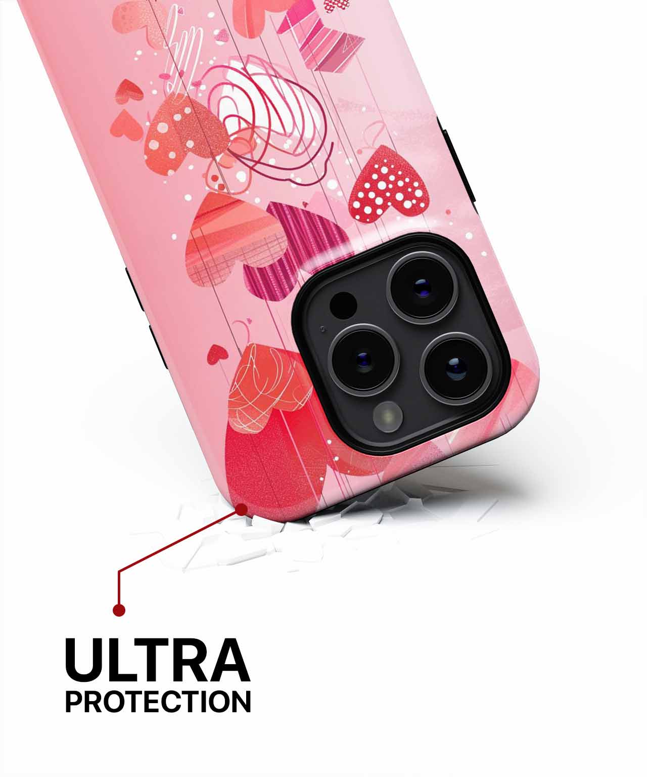 Pink iPhone case with red and pink heart design and raised camera protection. - Cazify Canada
