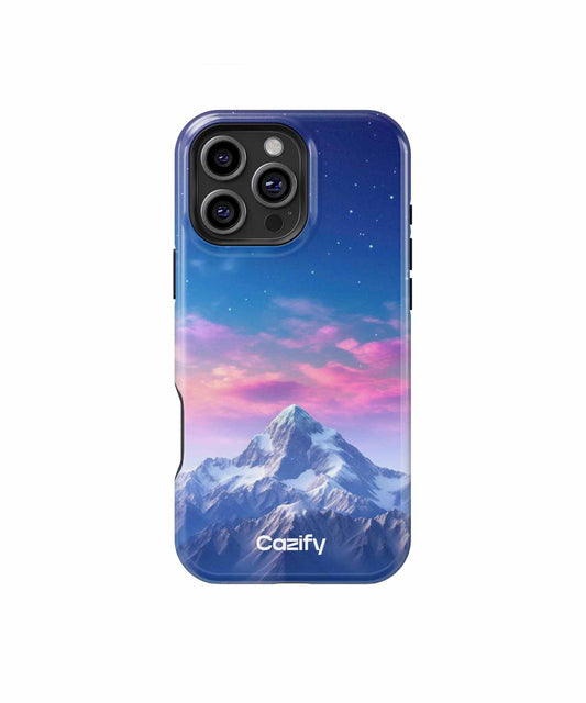 Cazify Canada - Blue phone case with mountain and pink sunset design, fitted for iPhone with triple camera cutout.