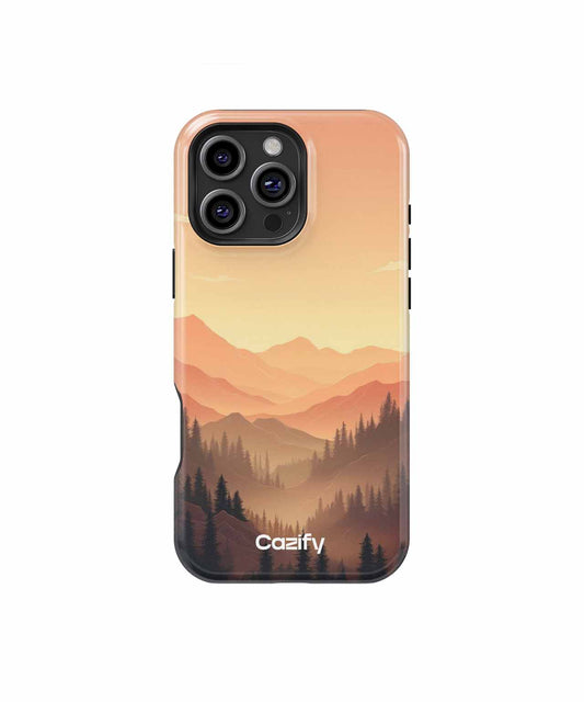 Cazify Canada - Phone case with warm sunset mountain landscape and silhouetted pine trees design.