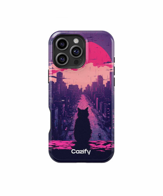 Pensive Cat Staring at a Neon Sunset iPhone case Case Cazify - Delivery Canada