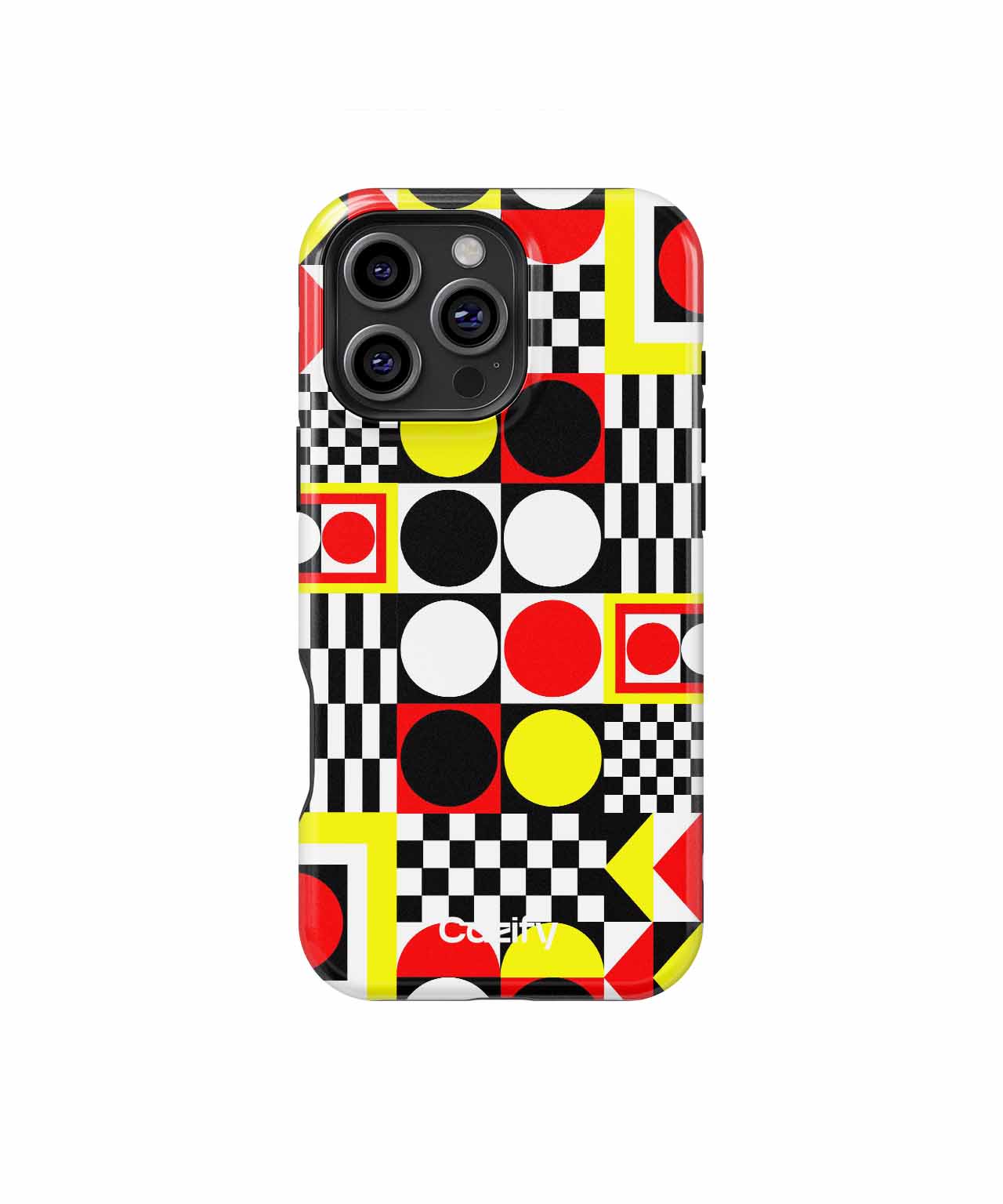 Colorful geometric patterned phone case with circles, squares, and checkerboard design. - Cazify Canada