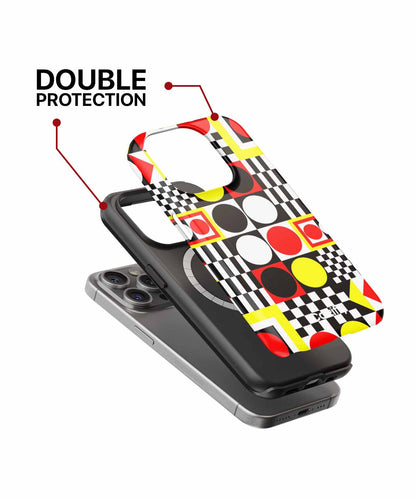 Colorful geometric patterned phone case with reinforced edges for double protection on a black smartphone. - Cazify Canada