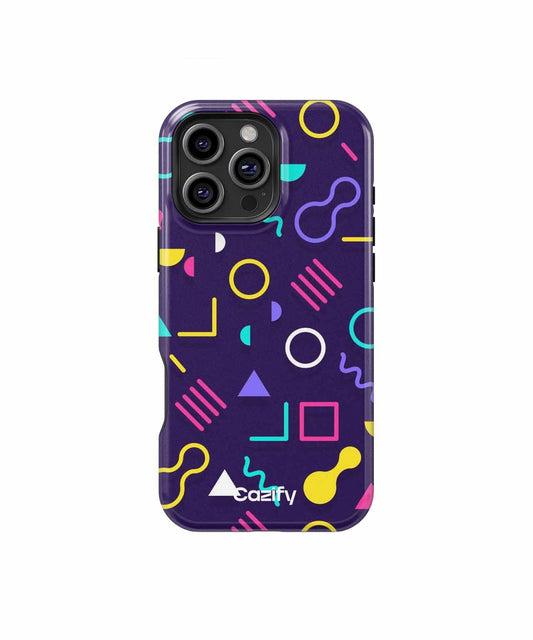 Purple phone case with colorful abstract geometric shapes and a white Casetify logo at the bottom. - Cazify Canada