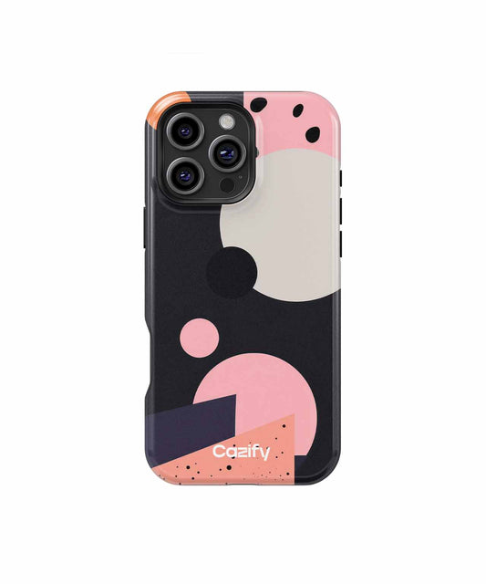 Black phone case with abstract pink, beige, and orange shapes and triple camera cutout. - Cazify Canada