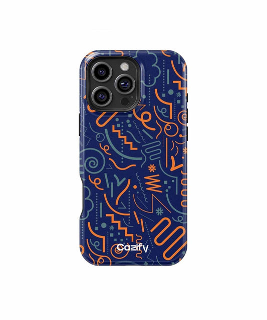 Navy blue phone case with abstract orange and light blue line art and "Goatify" logo at bottom. - Cazify Canada