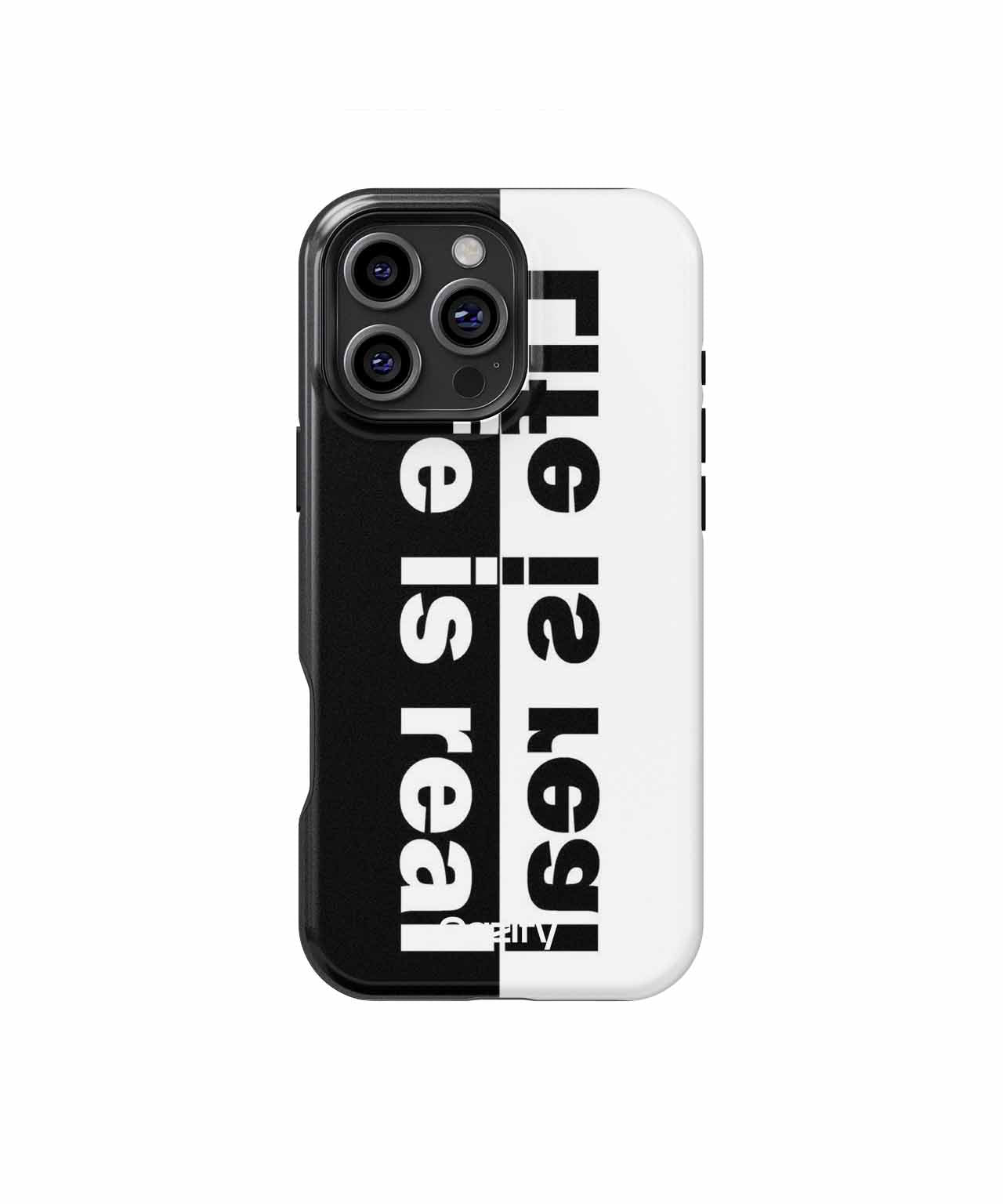 Black and white iPhone case with vertical "Life is real" text split across both colors. - Cazify Canada