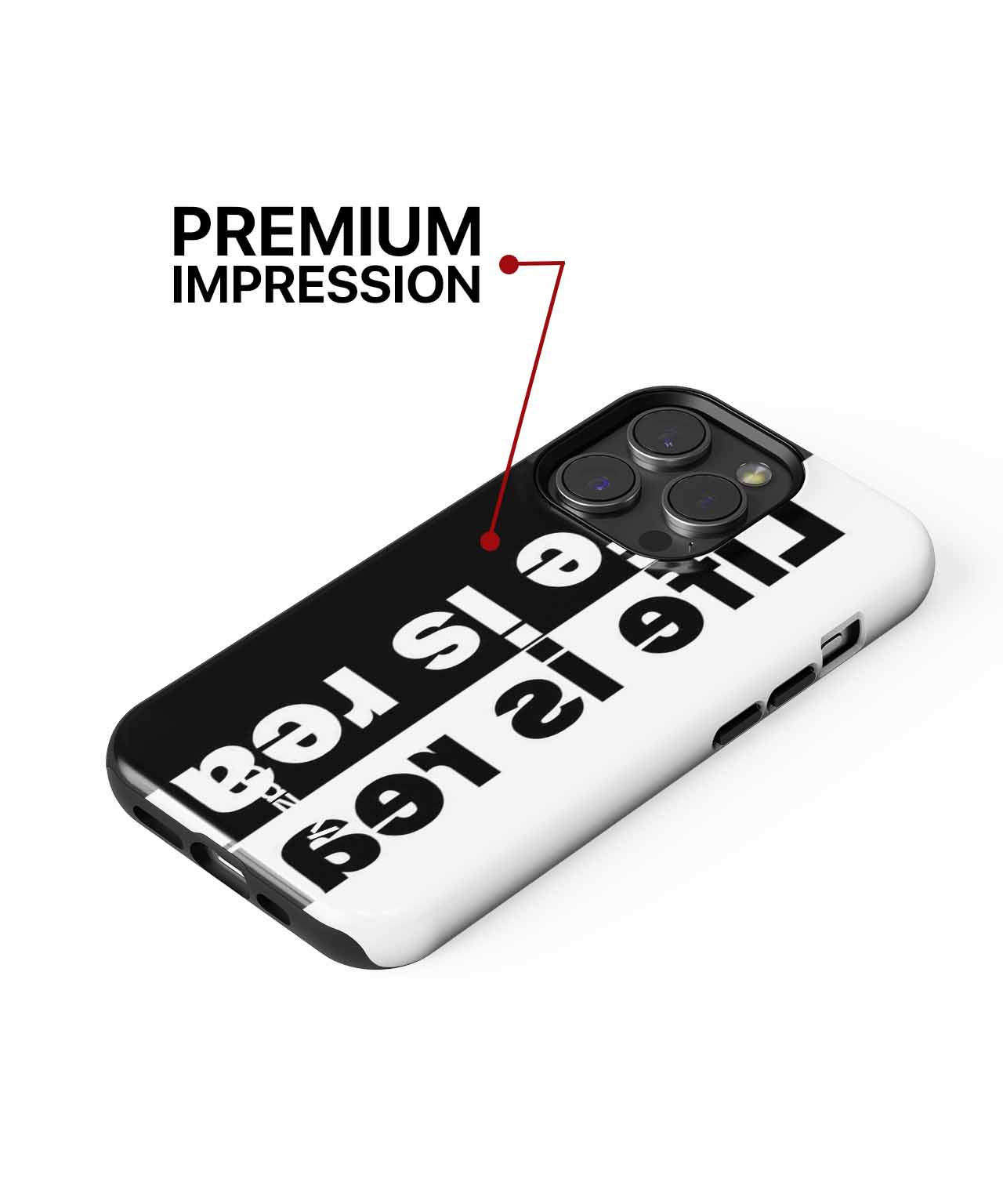 Black and white iPhone case with bold text and triple camera cutout. - Cazify Canada