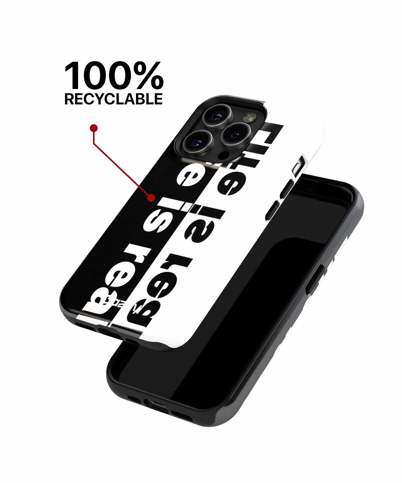 Black phone case with bold white text design, highlighting 100% recyclable material badge. - Cazify Canada