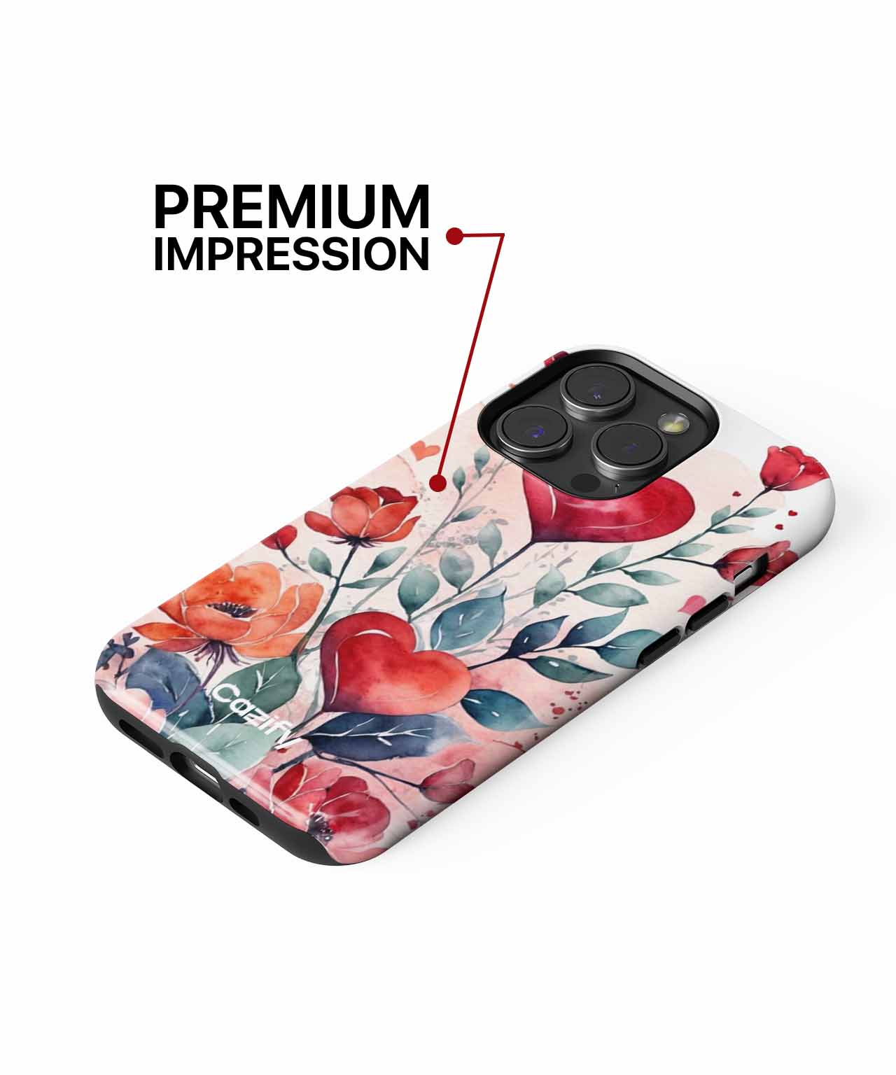 Floral and heart pattern iPhone case with red and pink tones, labeled Premium Impression. - Cazify Canada