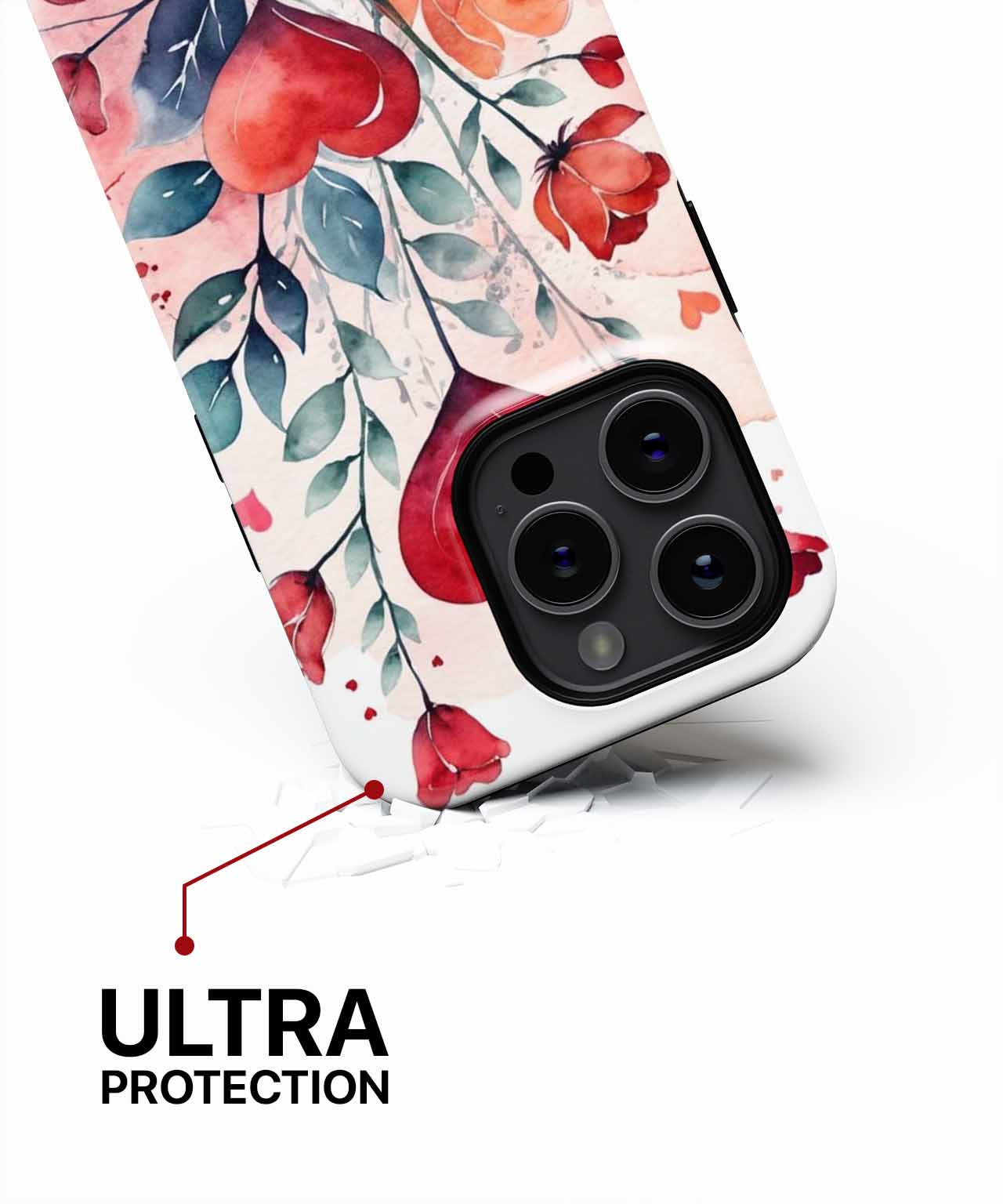 White phone case with red and pink floral design and reinforced corners around black triple camera cutout. - Cazify Canada