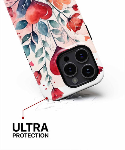 White phone case with red and pink floral design and reinforced corners around black triple camera cutout. - Cazify Canada