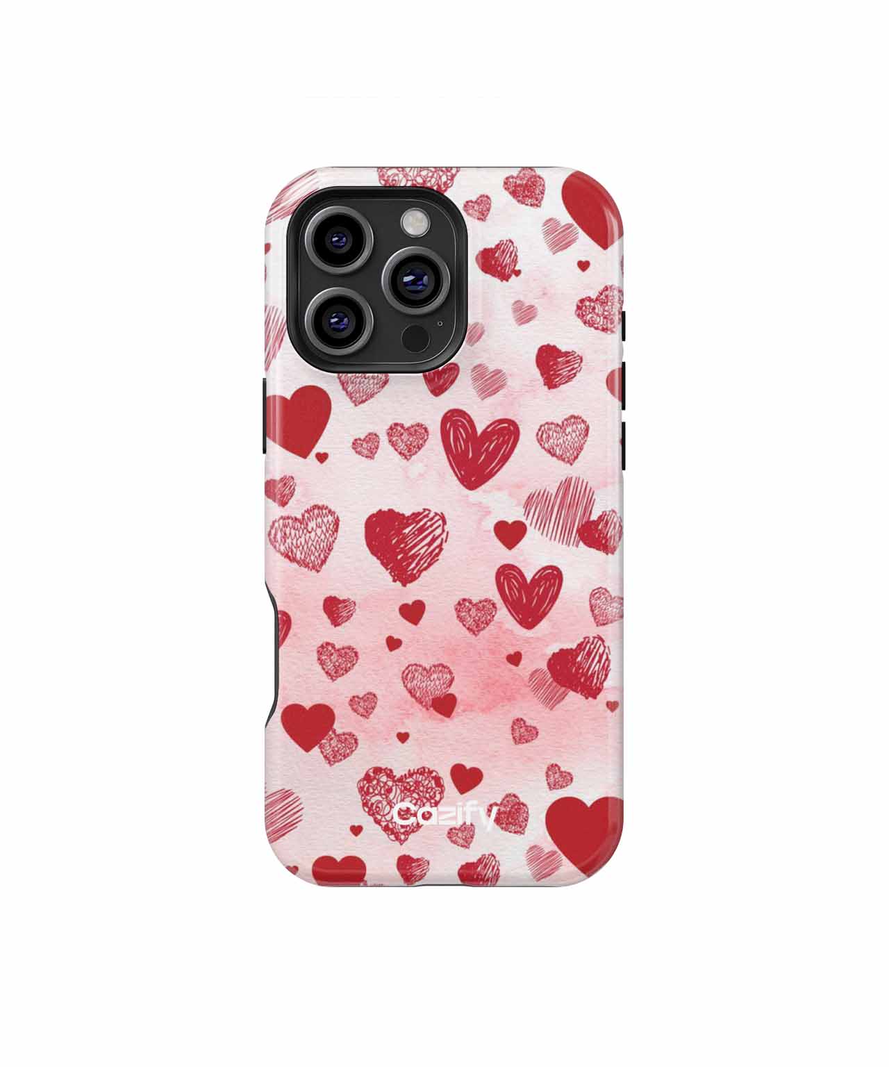 Red and pink hearts pattern on a white protective phone case compatible with multiple iPhone models. - Cazify Canada