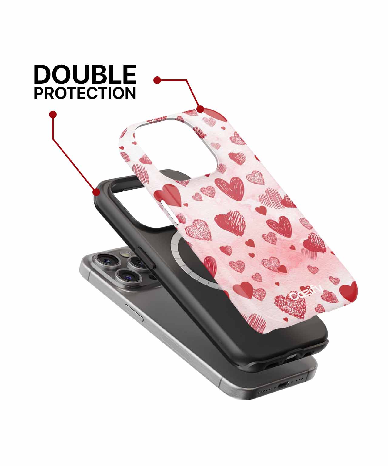 Pink heart-patterned phone case with black inner protective layer for iPhone. - Cazify Canada