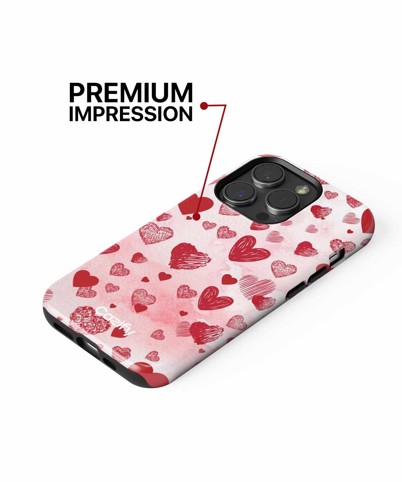 Pink phone case with red hearts pattern and triple camera cutout. - Cazify Canada