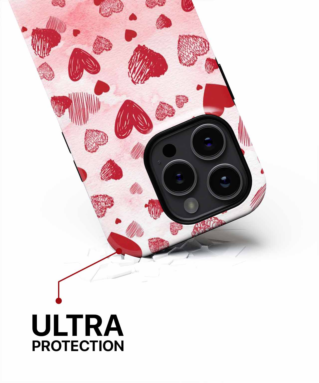 White and red heart-patterned phone case with black triple-camera cutout. - Cazify Canada