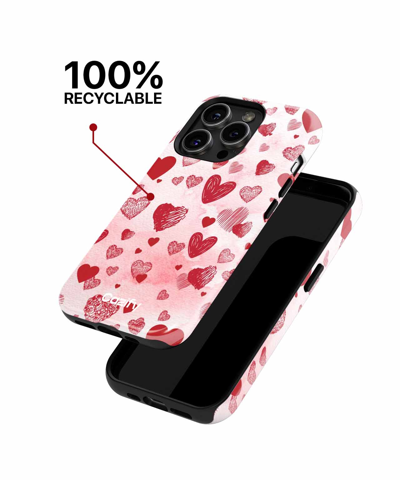 Pink phone case with red and dark pink hearts pattern and black interior lining. - Cazify Canada