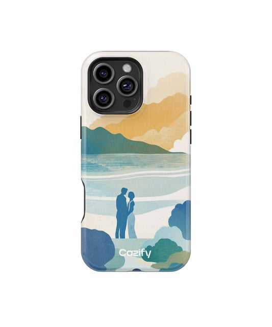 IPhone case with blue and beige abstract landscape and couple silhouette design. - Cazify Canada