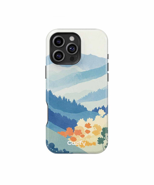 Cazify Canada - White phone case with layered blue mountains and orange flowers design.