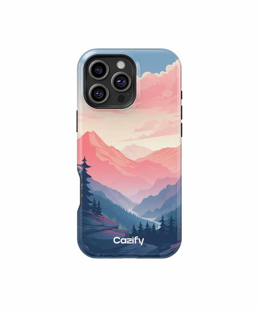 Cazify Canada - IPhone case with pink and blue mountain landscape design and Caizfy logo.