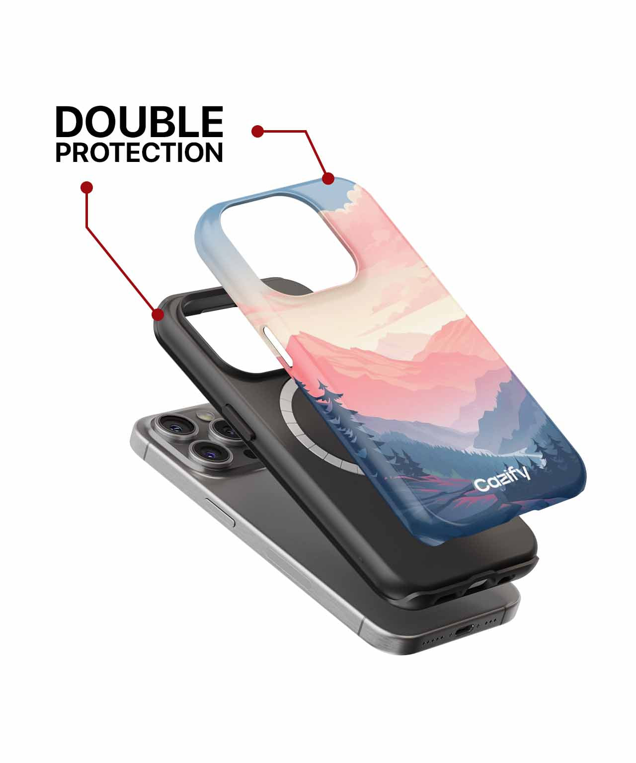 Cazify Canada - IPhone case with mountain landscape design and black inner shell showing double protection features.