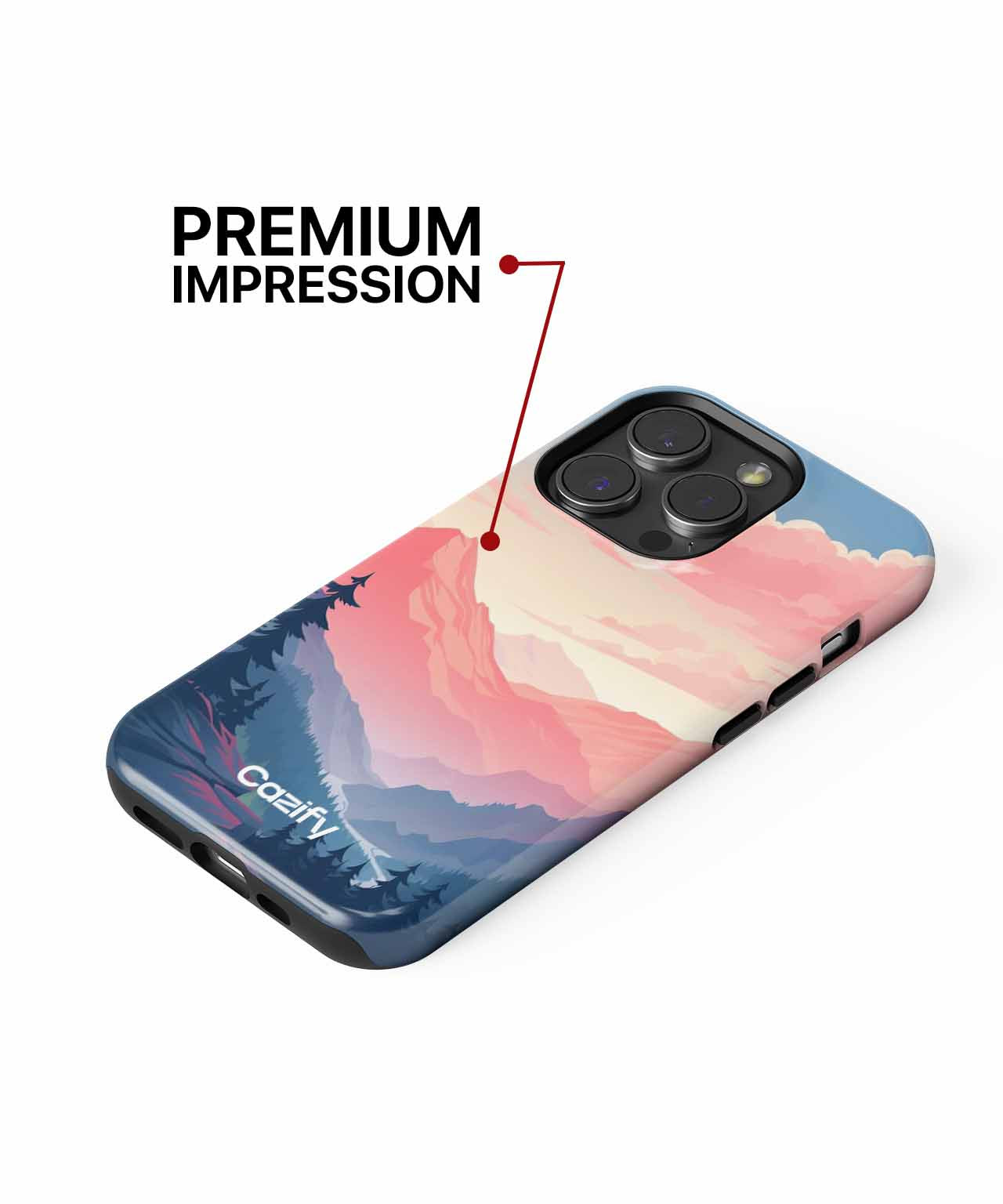 Cazify Canada - IPhone case with pastel mountain landscape and sunset design, matte finish, cutouts for triple camera.