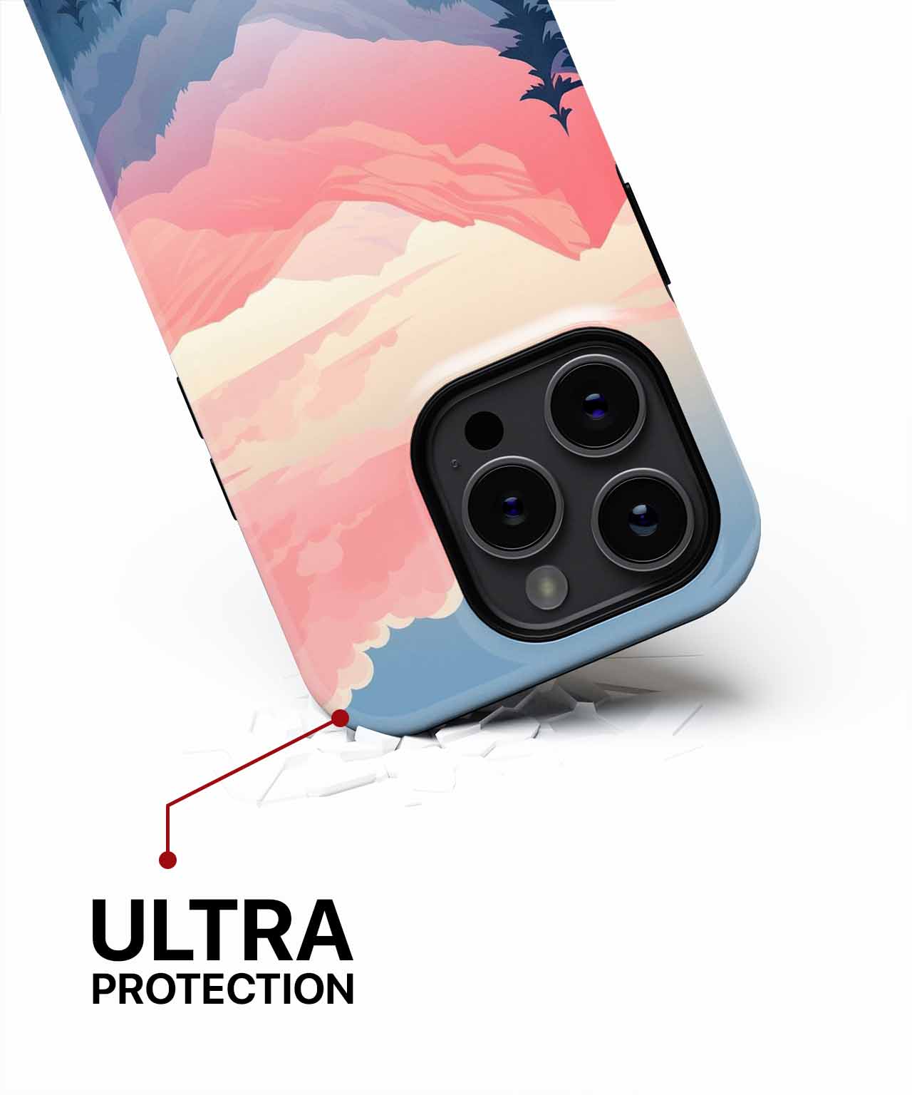Cazify Canada - Phone case with pink and blue abstract cloud design, showcasing triple camera cutout and corner protection.