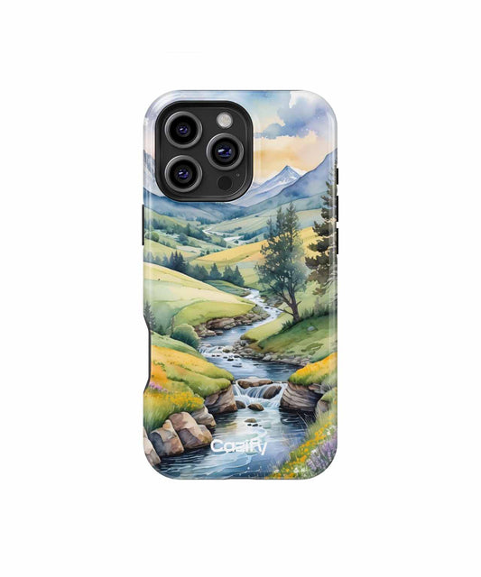 Phone case with a scenic landscape of rolling hills, pine trees, and a flowing river under a cloudy sky. - Cazify Canada